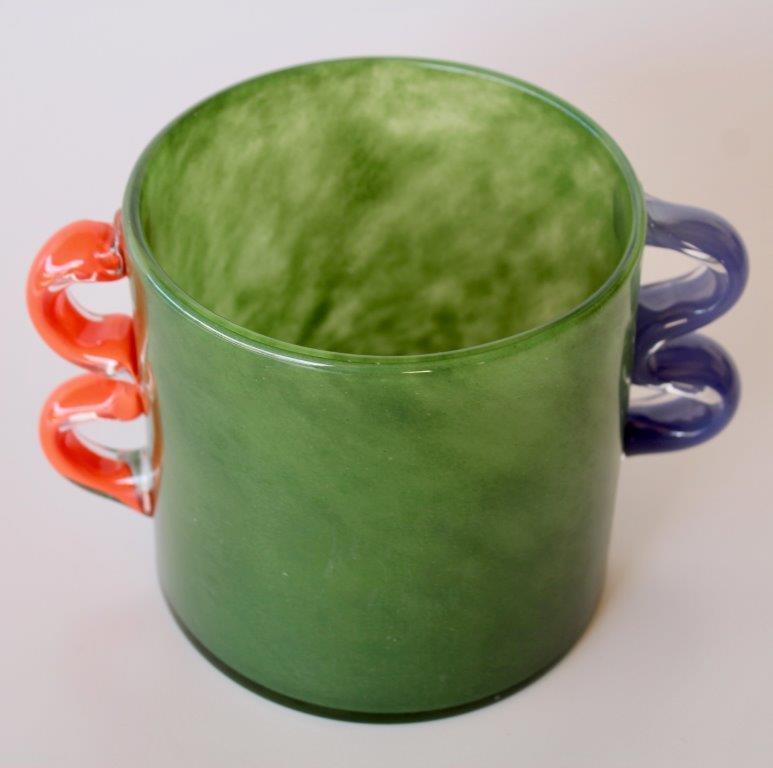 Green Glass Vase With Orange And Blue Handles